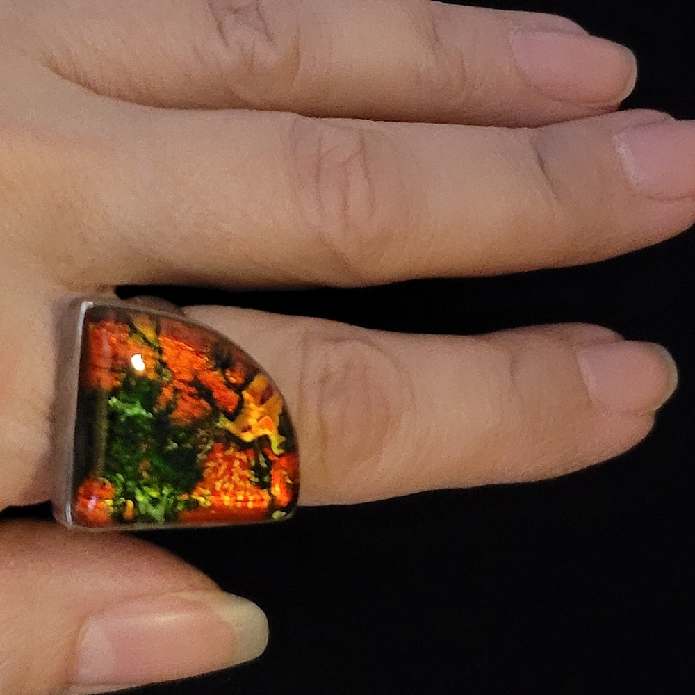 Dichroic Glass Statement Ring,  sz 7.75; set in sterling silver